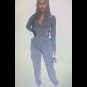 Jogger set, olive, zip front bodysuit, thong bottom, cargo pocket, 62% polyester